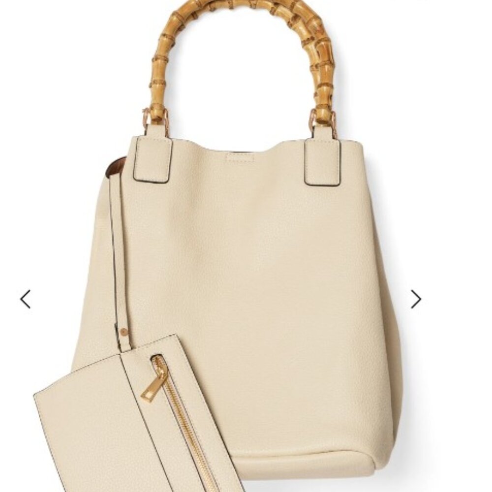 Cream Tote Bag Bamboo Handles plus Wristlet, Twilly, Bag Charm
